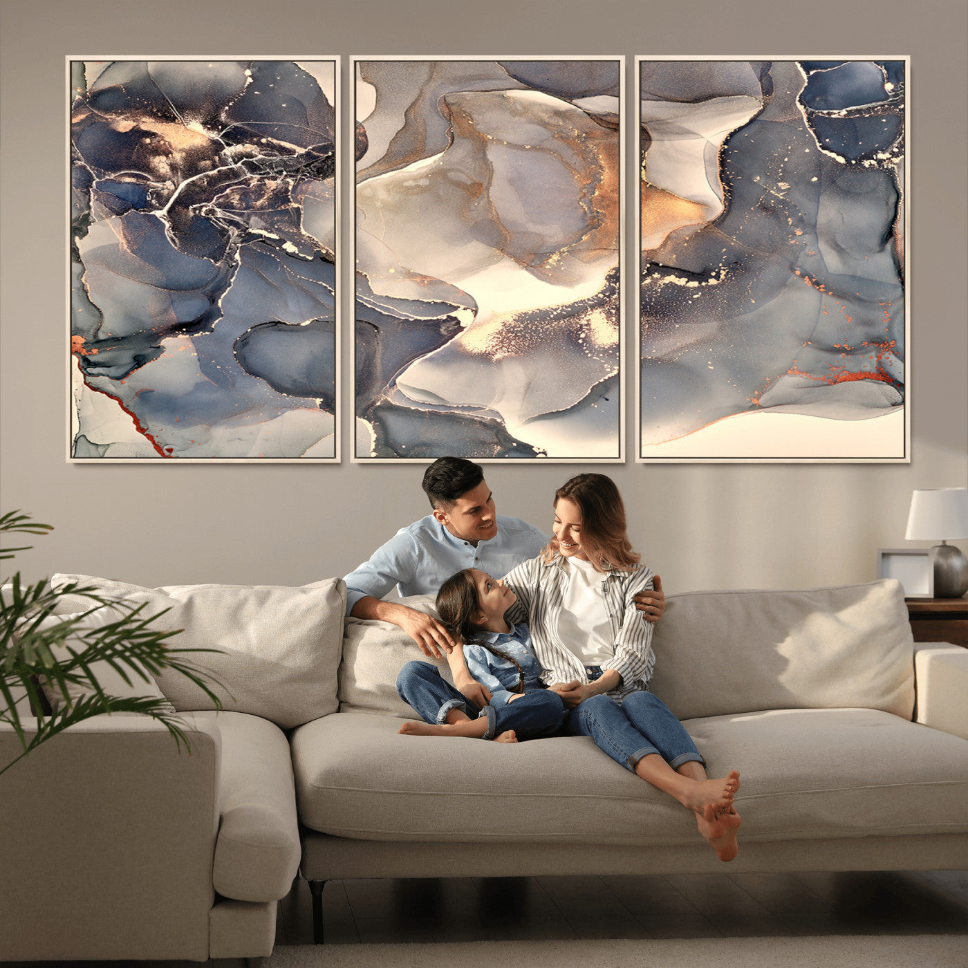MGV-FC-60X30-3P - Abstract Blue and Gold Wall Art - Fluid Ink Artwork - Modern Luxury Wall Decor for Contemporary