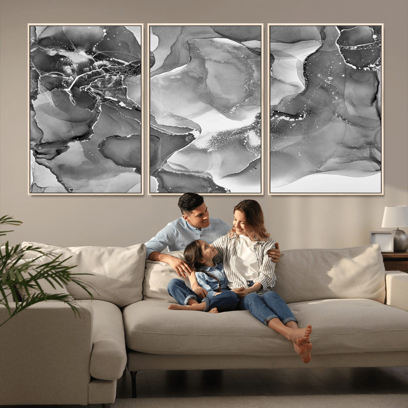MGV-FC-60X30-3P - Black White Abstract Canvas Wall Art - Fluid Ink Artwork - Modern Luxury Wall Decor for Contemporary