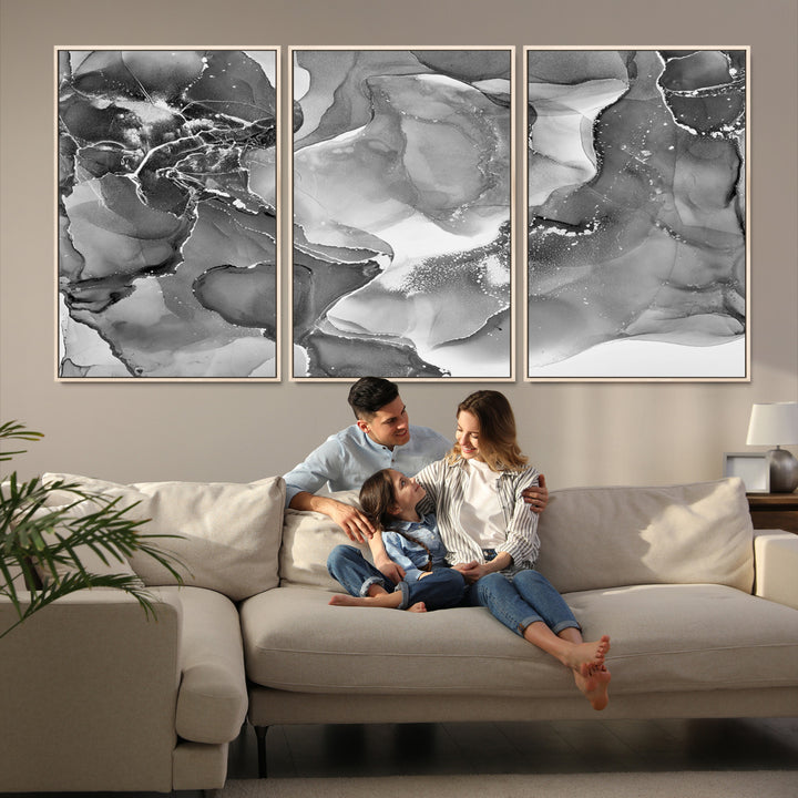 Black White Abstract Canvas Wall Art - Fluid Ink Artwork - Modern Luxury Wall Decor for Contemporary Interiors