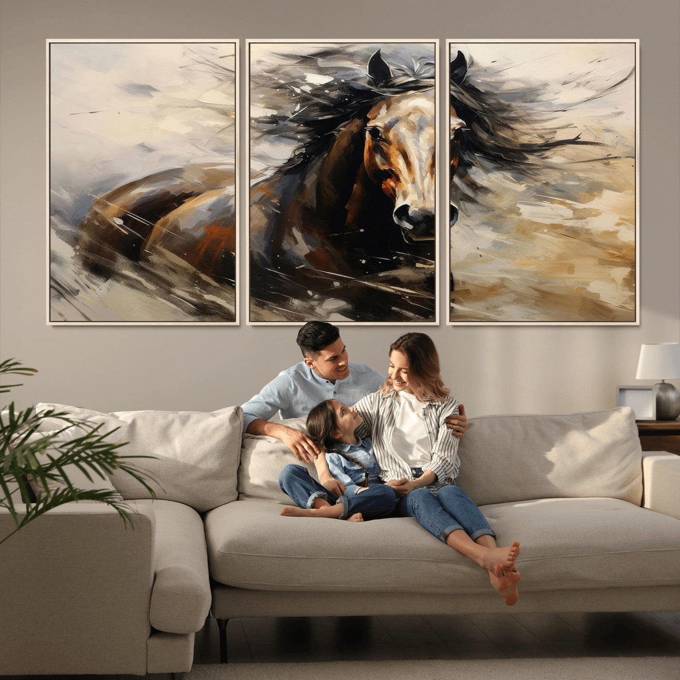 MGV-FC-60X30-3P - Abstract Wall Art Horse Print - Large Western Horse Canvas - Farmhouse Woodland Wall Art - Framed