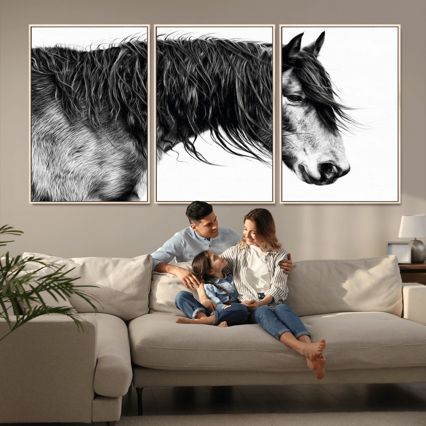 MGV-FC-60X30-3P - Black Horse Wall Art Canvas Print for Farmhouse Decor and Woodland Decoration