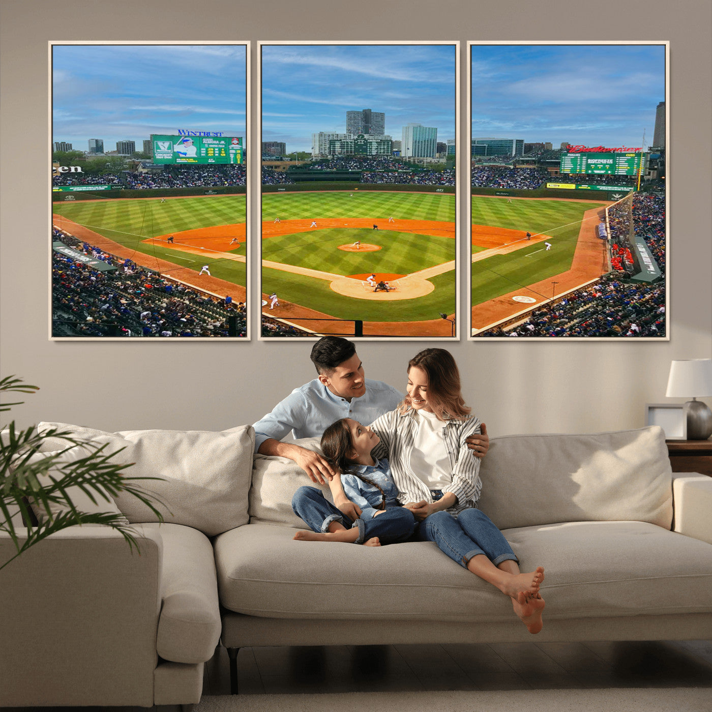 MGV-FC-60X30-3P - Wrigley Field Chicago Cubs Panoramic Multi Piece Canvas Wall Art - Iconic Baseball Stadium Print for