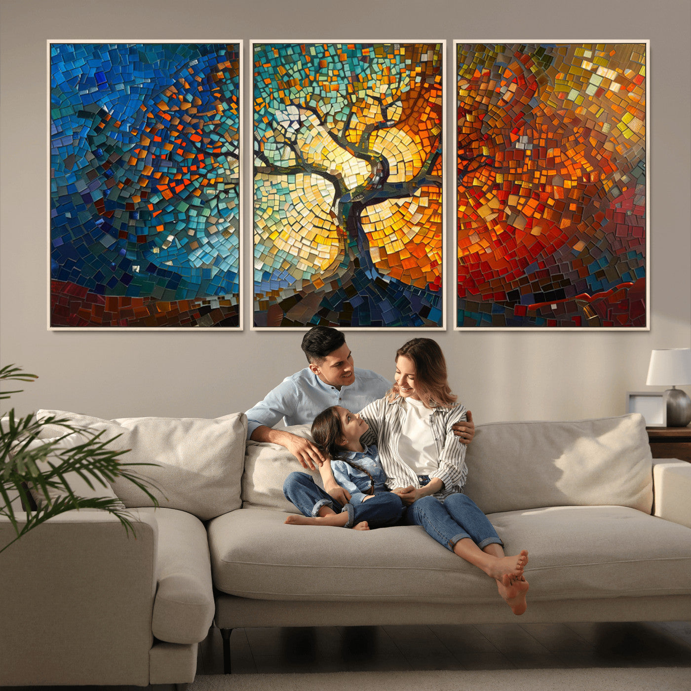 MGV-FC-60X30-3P - Mosaic Tree Canvas Wall Art Canvas Print – Vibrant Stained Glass-Inspired Tree of Life - Ready to
