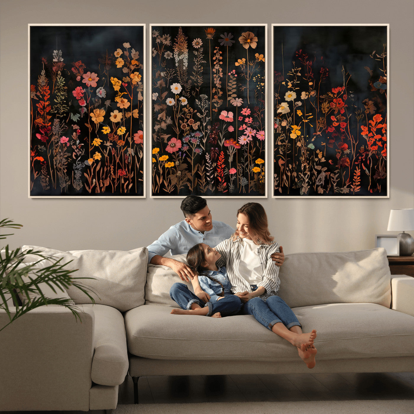 MGV-FC-60X30-3P - Dark Floral Canvas Wall Art - Moody Botanical Flower Print - Rustic Floral Wall Decor for Home -