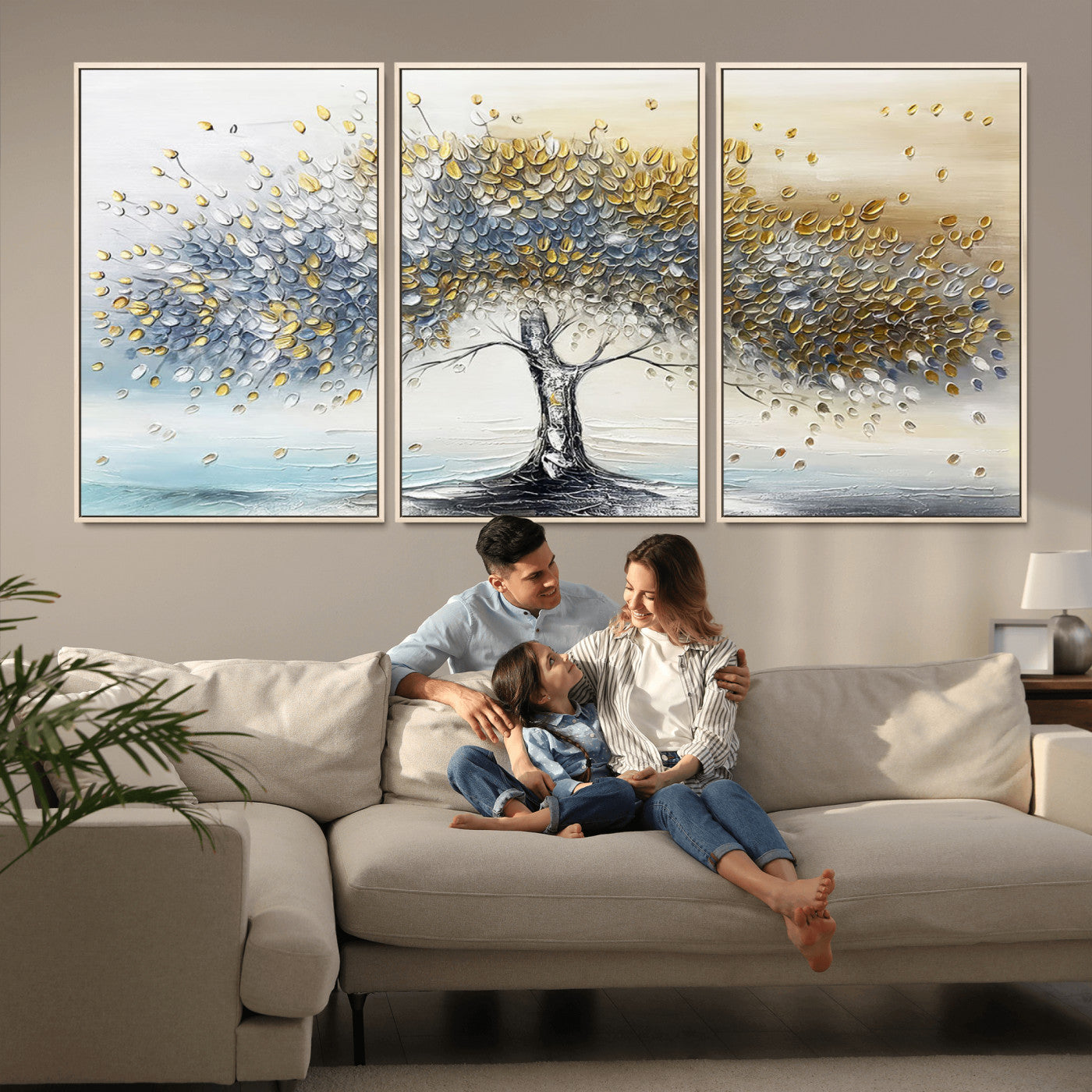 An elegant impasto painting featuring a tree with shimmering silver and gold leaves, blending soft pastels to create a calm and sophisticated atmosphere.