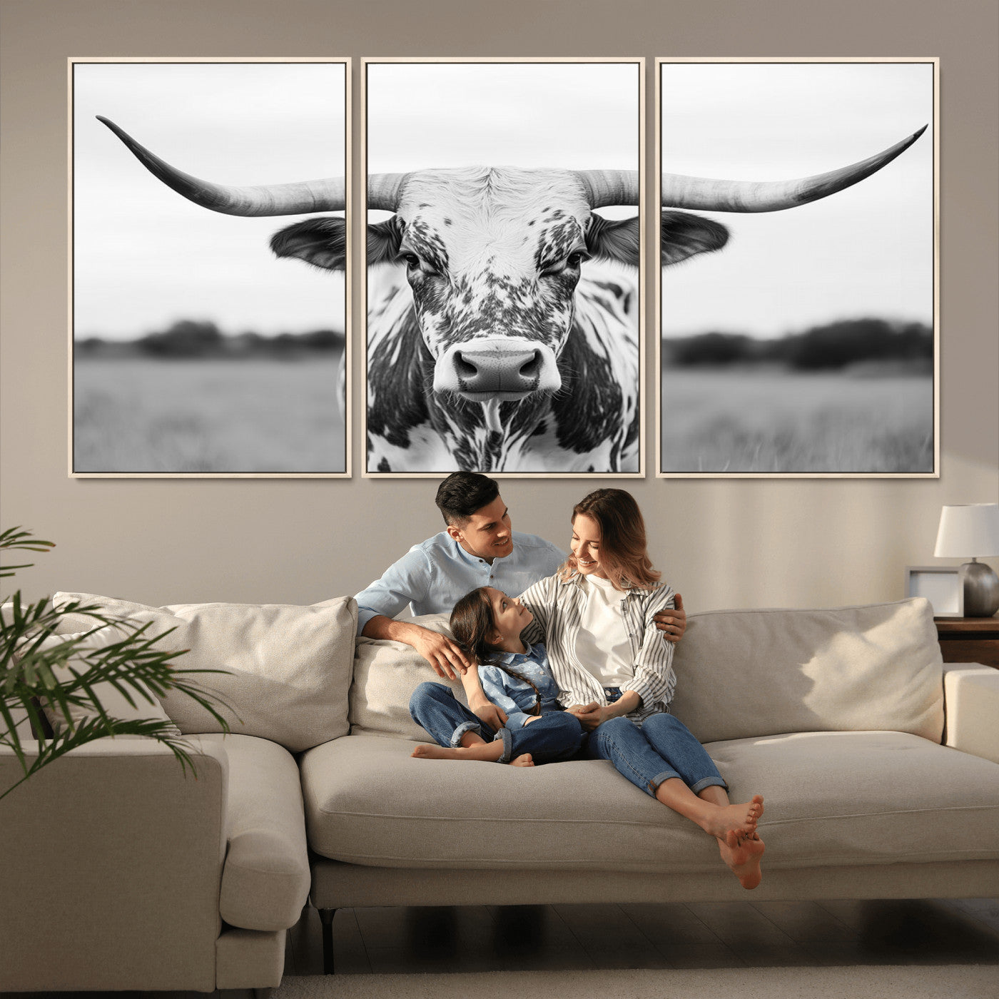 MGV-FC-60X30-3P - Highland Cow Wall Art - Black and White Western Longhorn Canvas Print - Farmhouse Living Room Decor