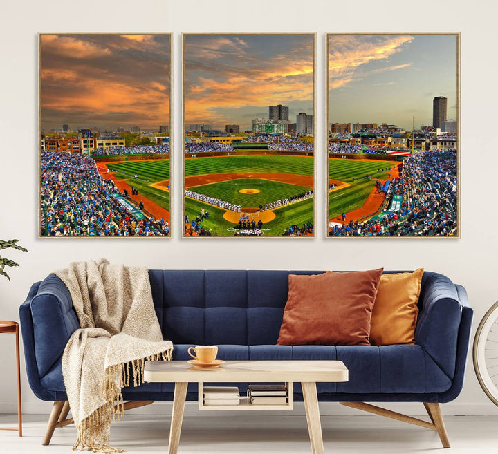 Aerial view of Wrigley Field at sunset against a vibrant sky, creating the perfect Chicago Wrigley Field Canvas Wall Art.