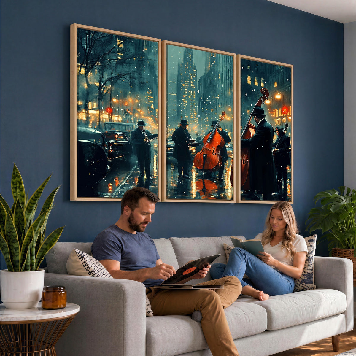 53391-MGV-CV-24X16 - Urban Night Jazz Wall Art Canvas Print | Moody Rain Soaked City Street Band Scene
