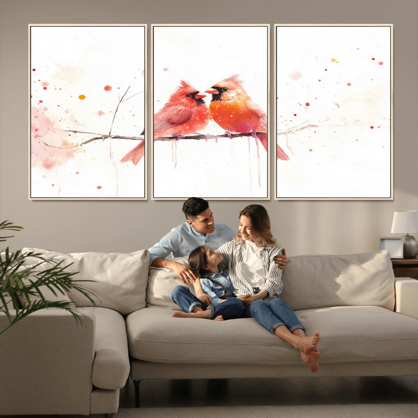 MGV-FC-60X30-3P - Cardinal Bird Canvas Wall Art - Male and Female Cardinal Print - Nature-Inspired Bird Wall Decor for