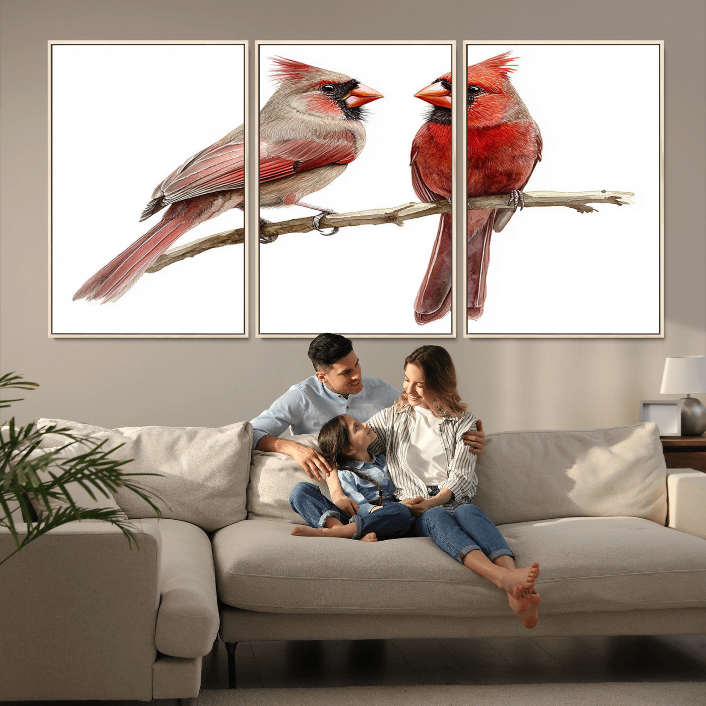 MGV-FC-60X30-3P - Cardinal Bird Canvas Wall Art - Male and Female Cardinal Print - Abstract Bird Wall Decor for Home -