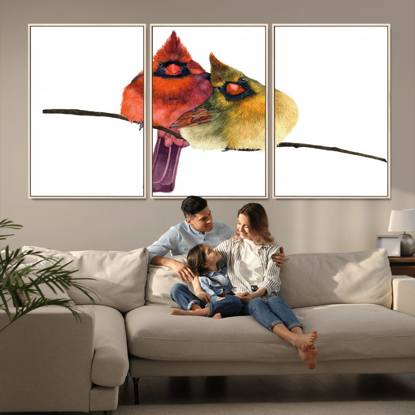 MGV-FC-60X30-3P - Cardinal Bird Canvas Wall Art - Male and Female Cardinal Print - Nature-Inspired Bird Wall Decor for