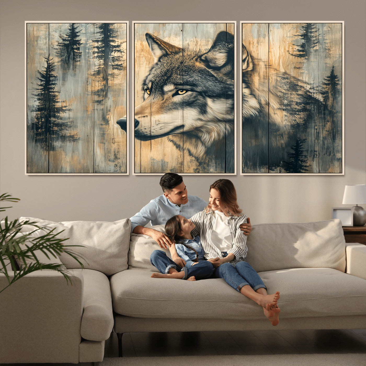 MGV-FC-60X30-3P - Wood Style Rustic Wolf Wall Art Canvas Print, Vintage Woodland Wolf Wall Art, Framed Wood Style Wolf
