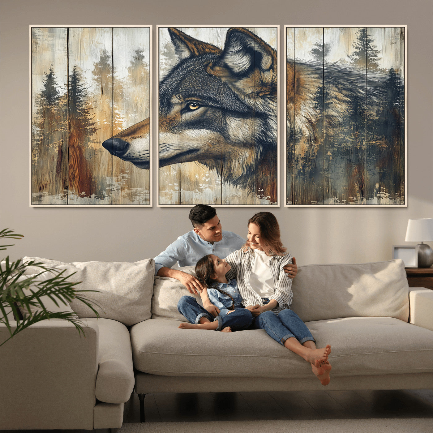 MGV-FC-60X30-3P - Rustic Wolf Wall Art Canvas Print, Vintage Woodland Wolf Wall Art