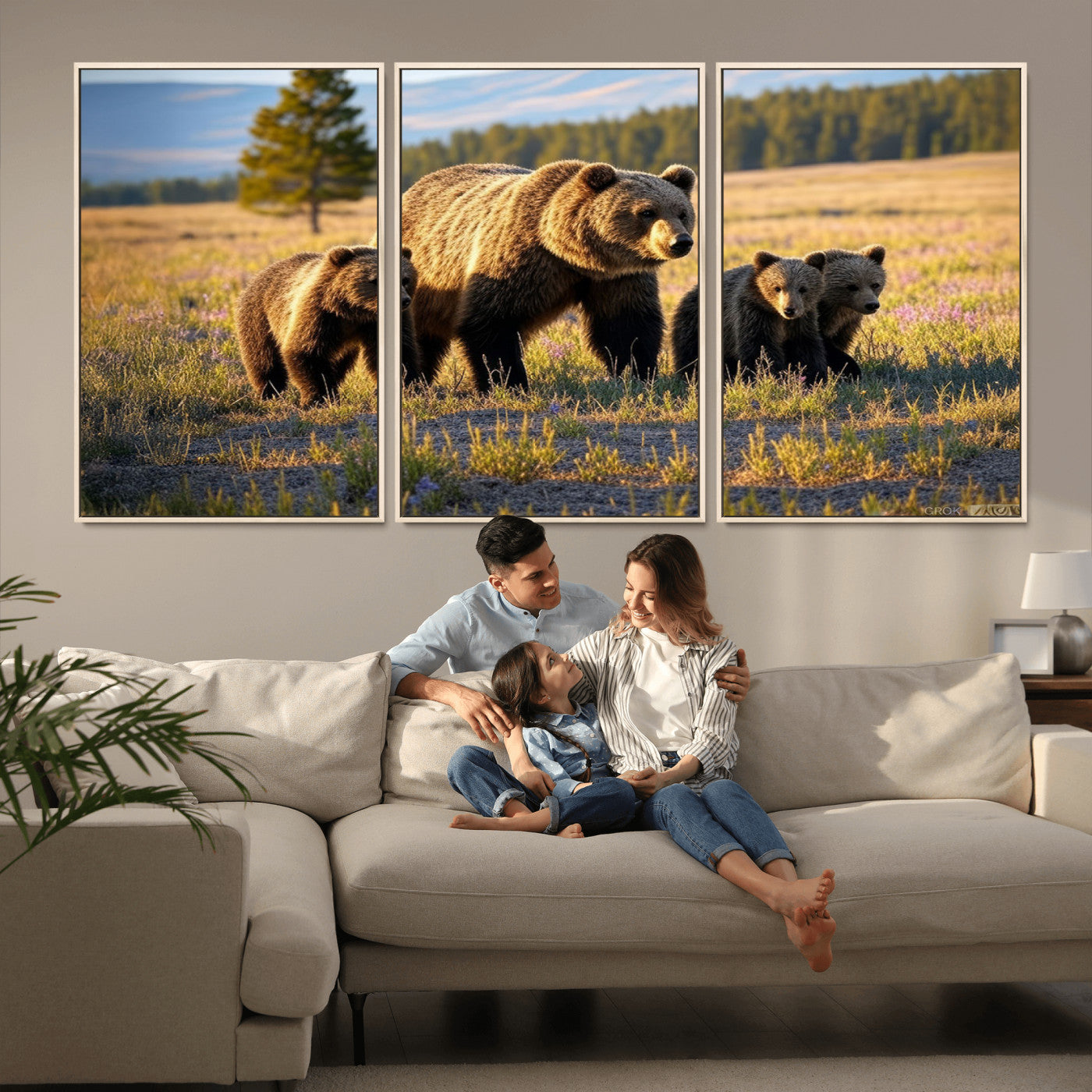 MGV-FC-60X30-3P - Grizzly 399 in Wild Flowers Wall Art Canvas Print, Grizzly Bears Wall Art, Queen of Grand Teton