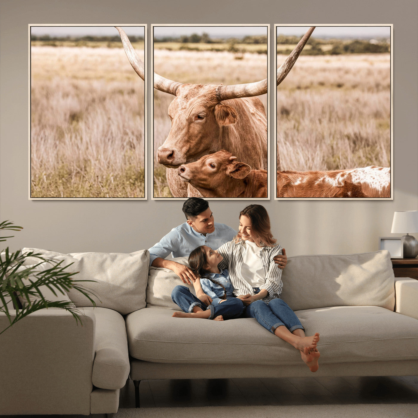 MGV-FC-60X30-3P - Texas Longhorn Cow Wall Art Canvas Print for Farmhouse Wall Art, Texas Decor, Western Wall Art Print