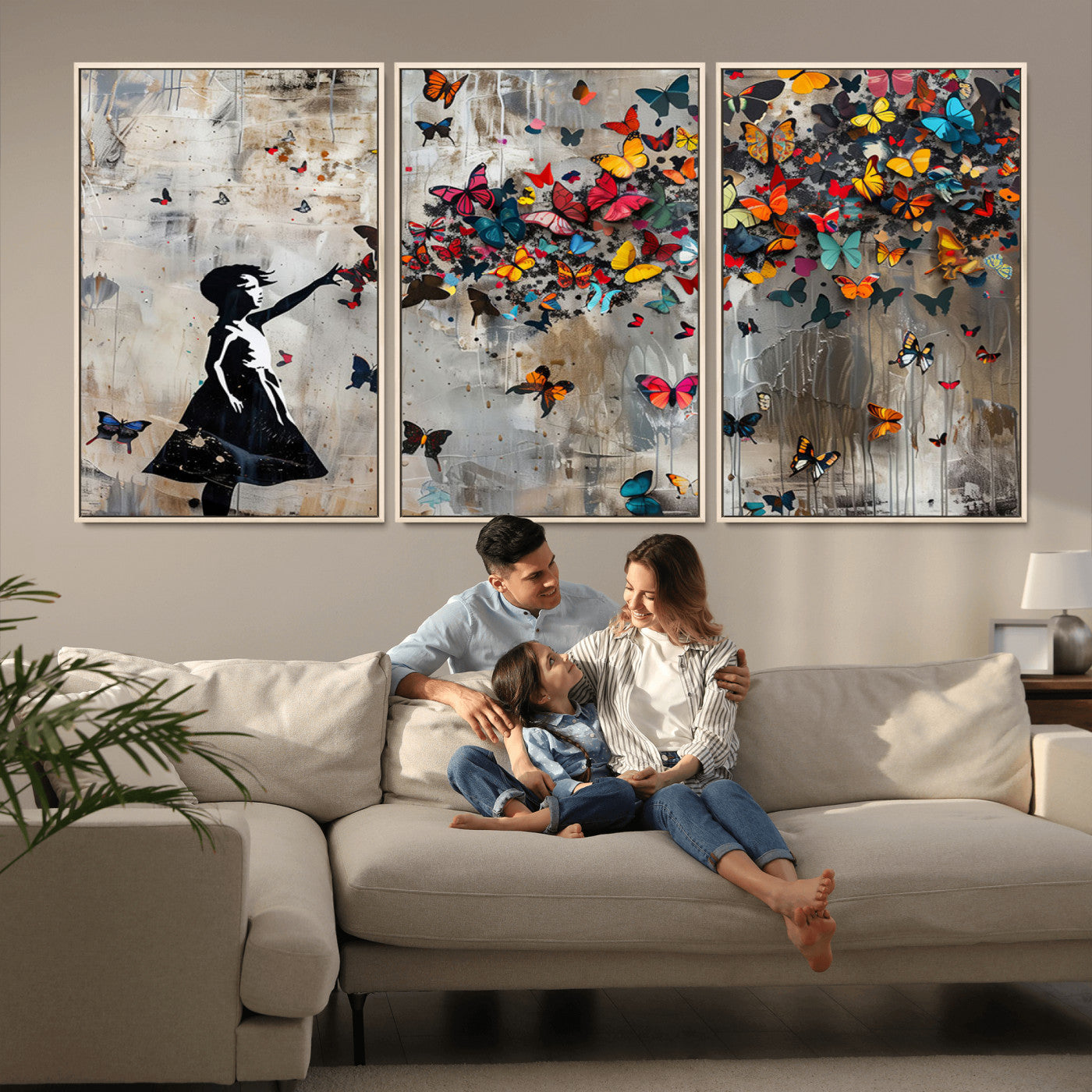 MGV-FC-60X30-3P - Banksy Butterfly Girl Wall Art | 3-Piece Butterfly Girl Canvas