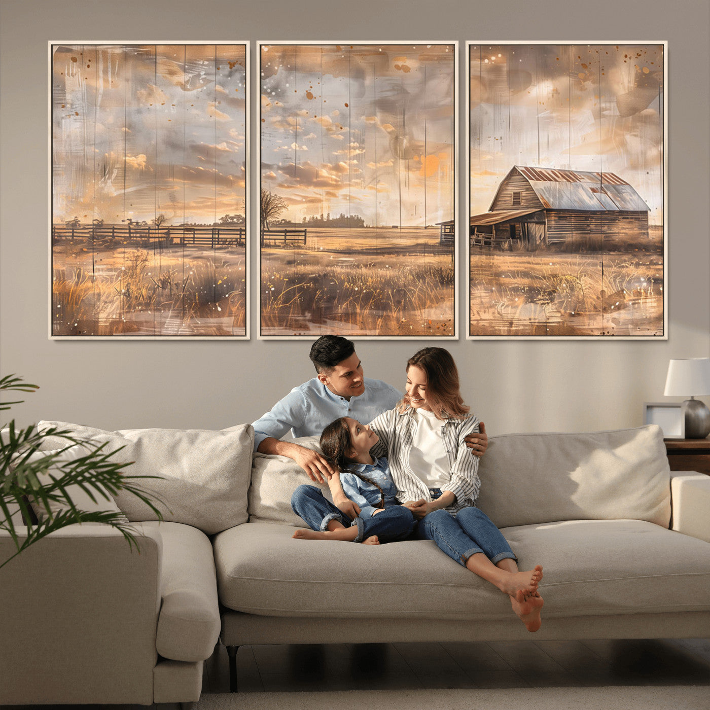 MGV-FC-60X30-3P - Rustic Farmhouse Wall Art Canvas Print | Barn and Field Canvas Print | Vintage Country Landscape