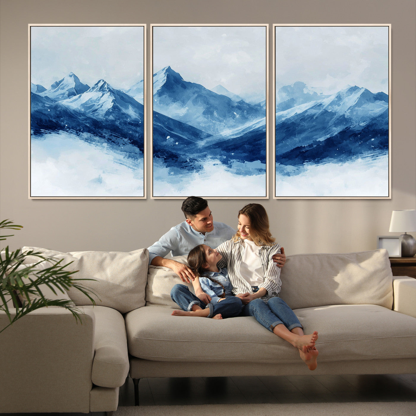 Peaceful watercolor-style painting of snowy blue mountains in soft tones, perfect for winter-themed or minimalist wall decor.