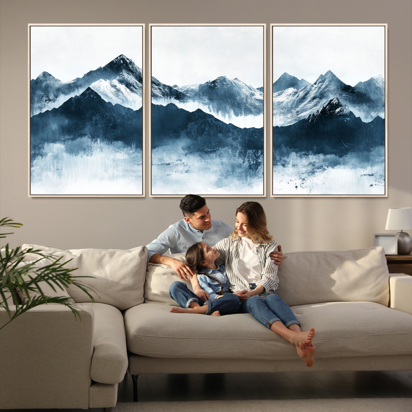 Abstract blue-toned canvas of snowy mountains in misty tones, ideal for minimalist or moody alpine-inspired home decor.