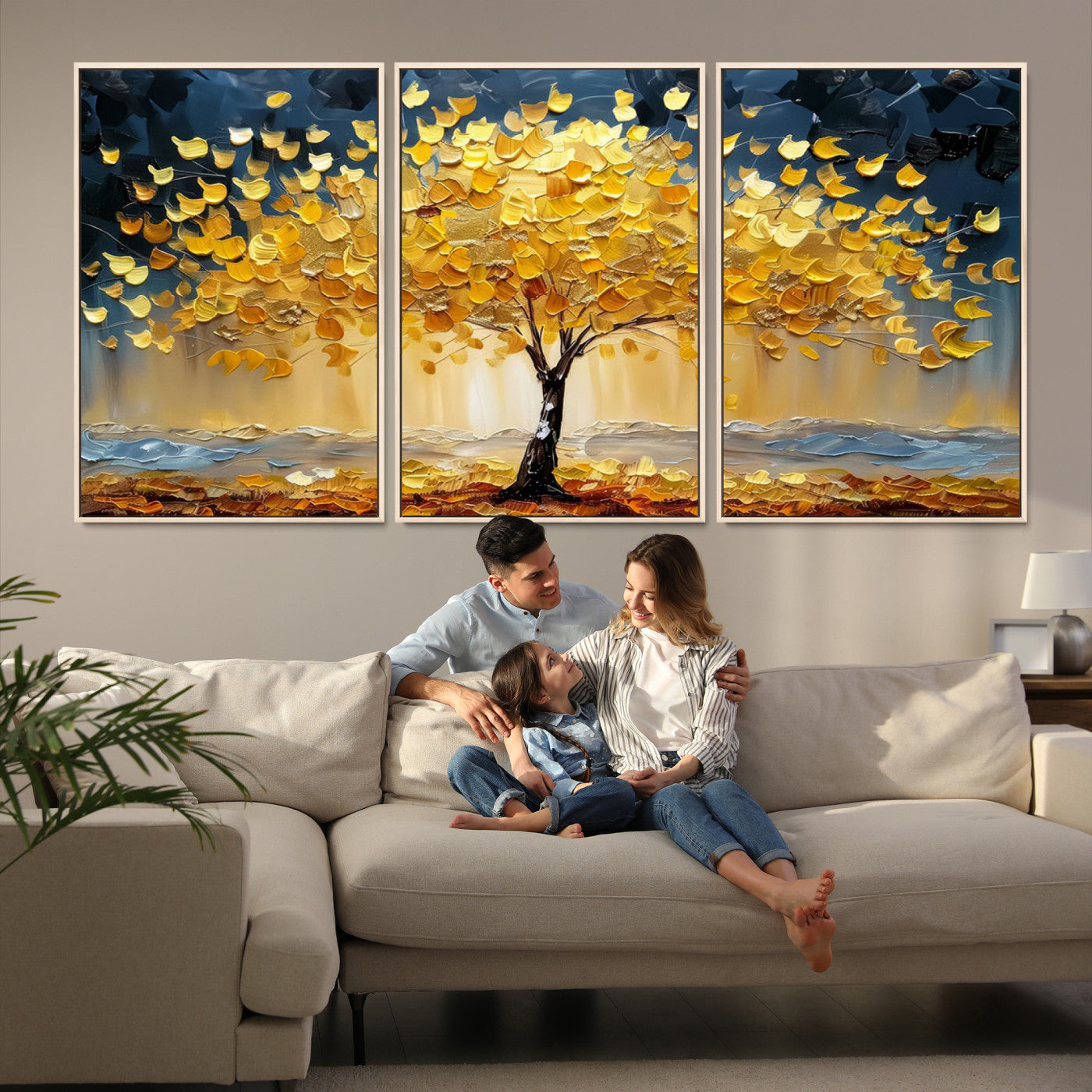 Canvas of a golden autumn tree with textured brushstrokes and moody blue skies, perfect for dramatic and vibrant home decor.