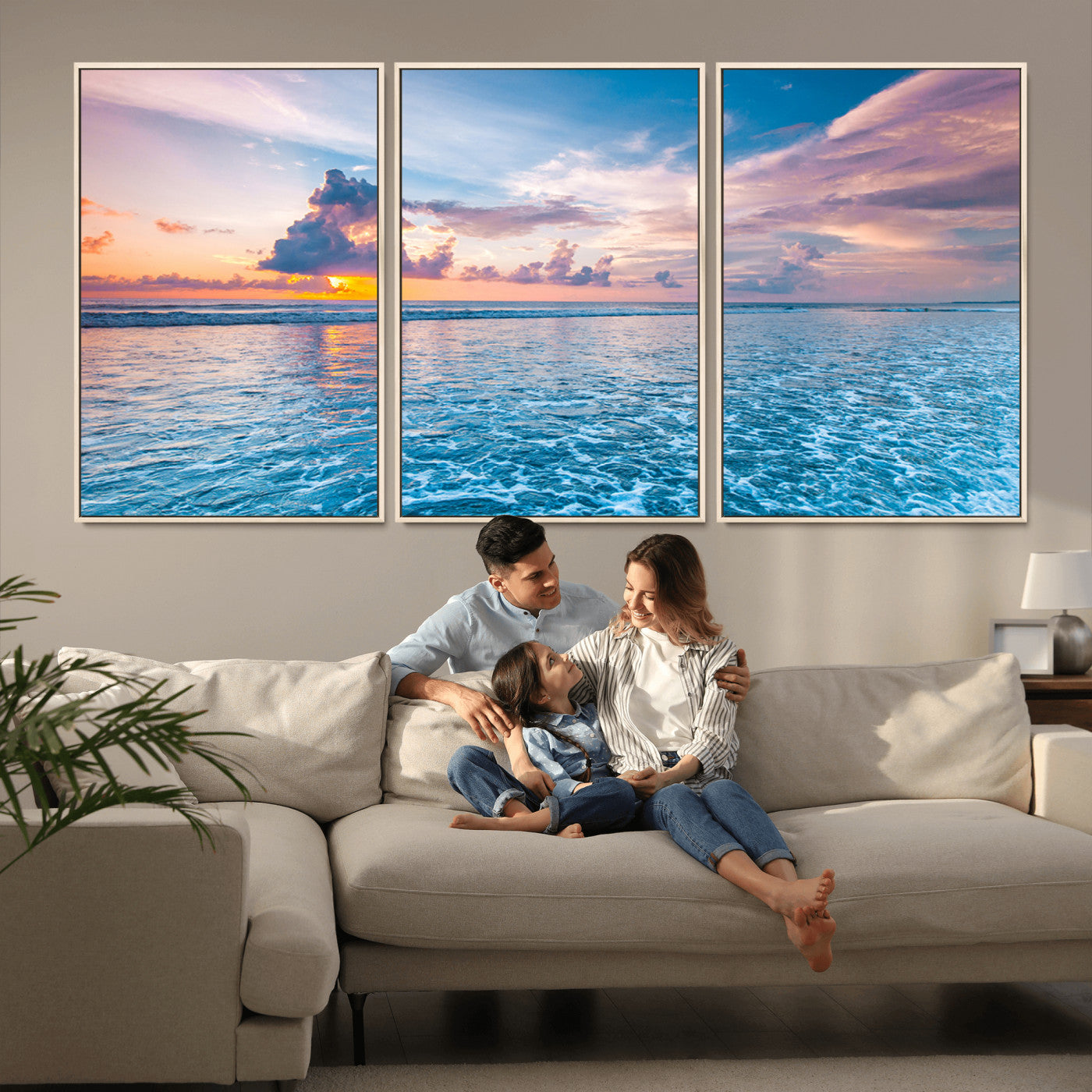 MGV-FC-60X30-3P - Ocean Sunset Canvas Wall Art Print - Tranquil Seascape with Vibrant Sky and Rolling Waves Canvas