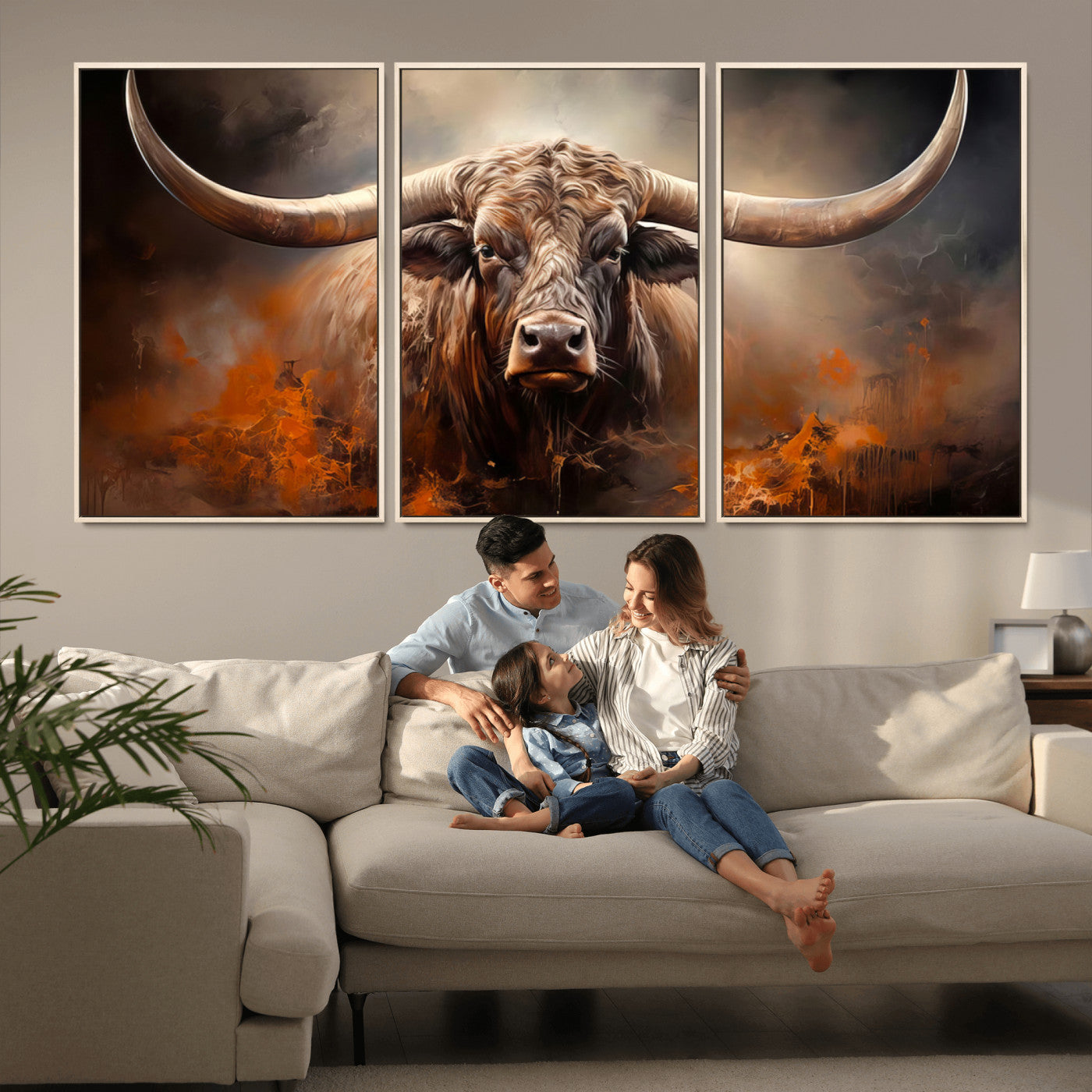 MGV-FC-60X30-3P - Highland Bull Canvas Abstract Canvas Wall Art Print – Powerful Highland Bull with Striking Horns in