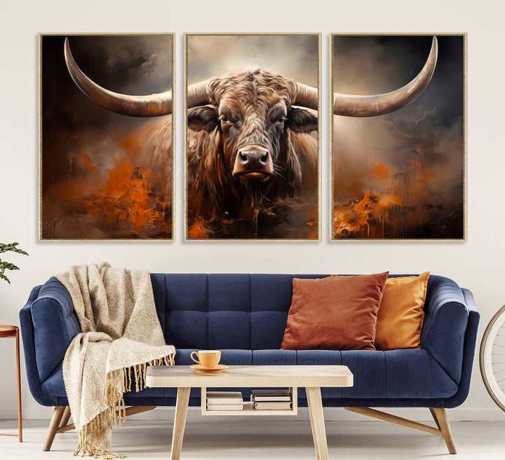 A Highland Bull with striking horns is depicted in a fiery abstract style on a ready-to-hang wall art canvas, evoking strength.