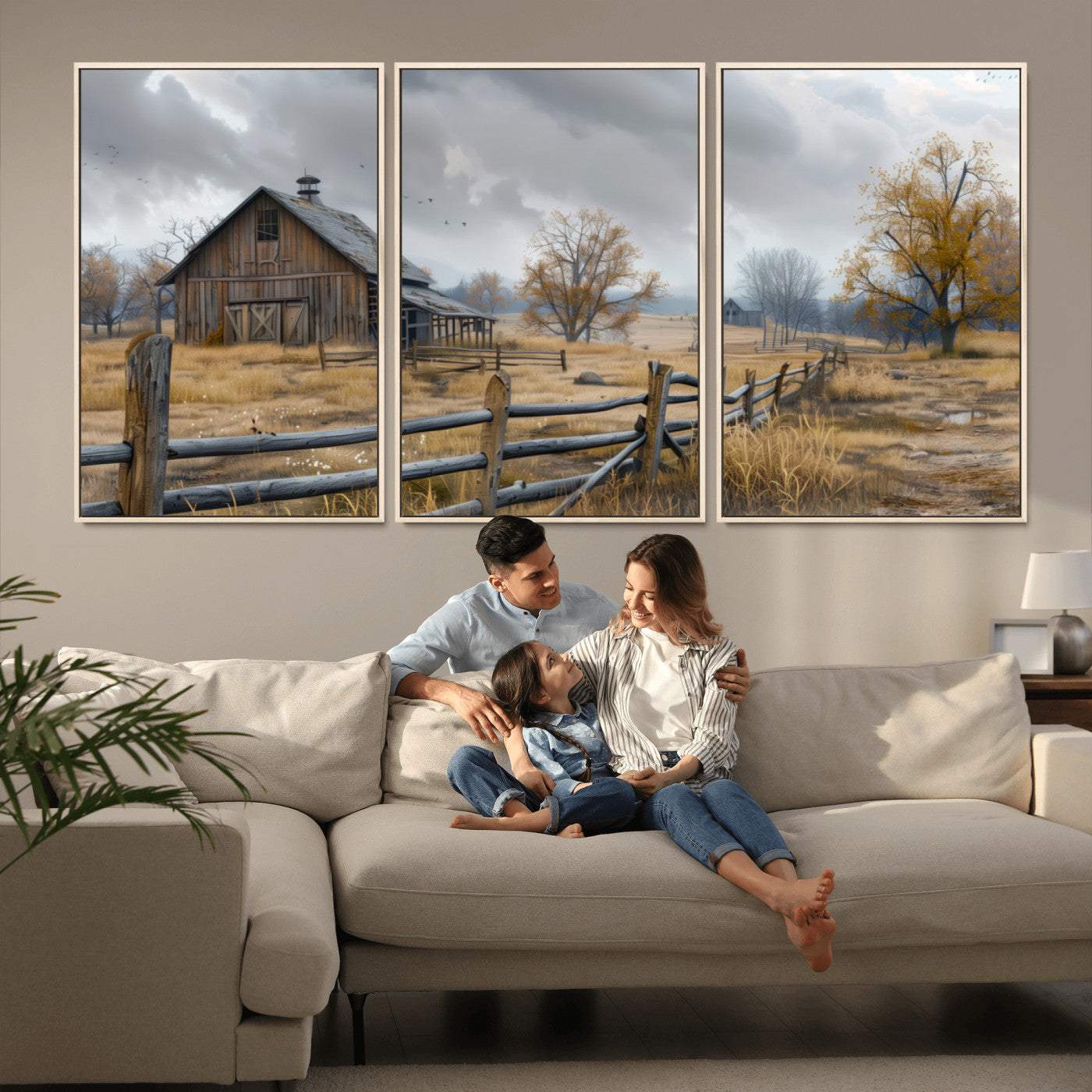 MGV-FC-60X30-3P - Rustic Autumn Farmhouse Wall Art Canvas Print – Serene Countryside Scene with Weathered Barn and