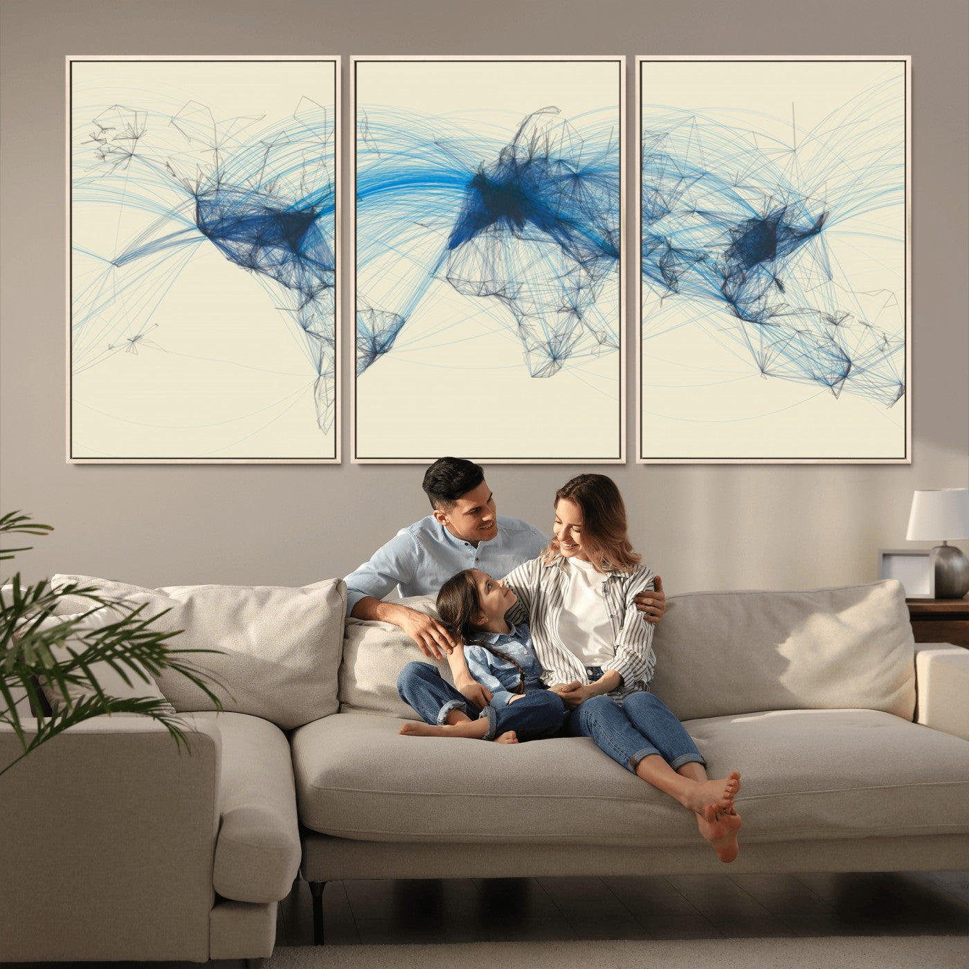 MGV-FC-60X30-3P - Flight Routes Map art Air Traffic Avi World Map with Blue Connections Canvas Wall Art – Modern