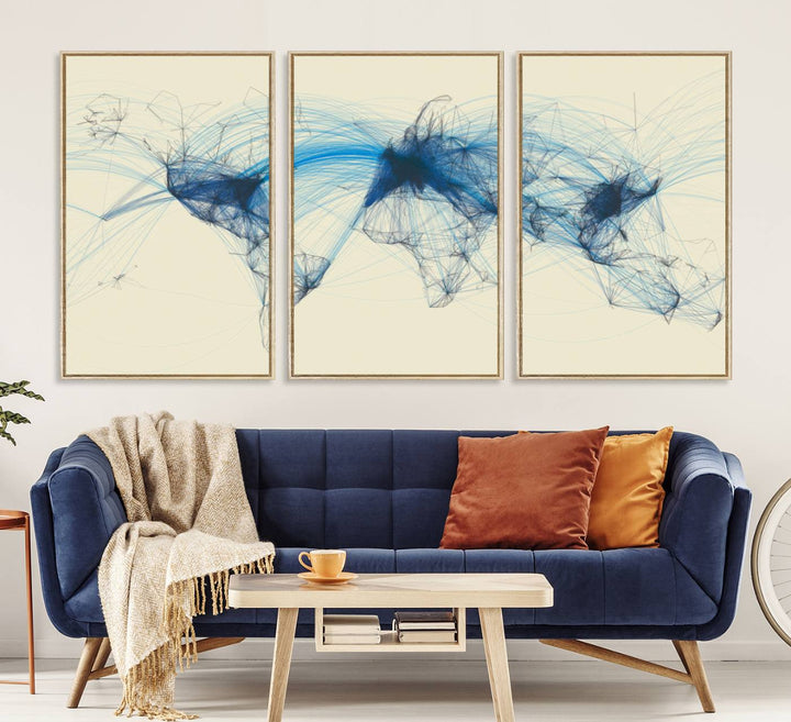 Flight Routes Map: Air Traffic Avi World Map featuring blue lines symbolizing global data. Ideal for home decor and ready to hang.