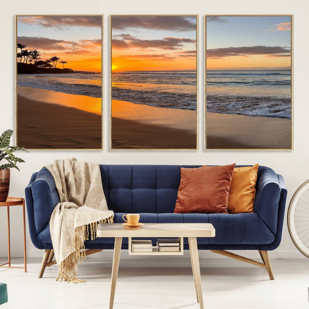 Sunset Wall Art Print featuring a beach sunset with waves and palms, perfect for coastal decor.