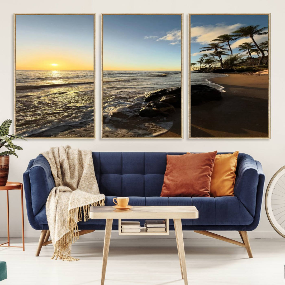 A serene tropical sunset on canvas, featuring palms and waves, serves as perfect Tropical Beach Wall Art for home or office decor.