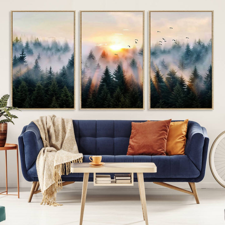 Sunrise over a misty forest with rays filtering through trees in the Abstract Forest Wall Art featuring soaring birds.