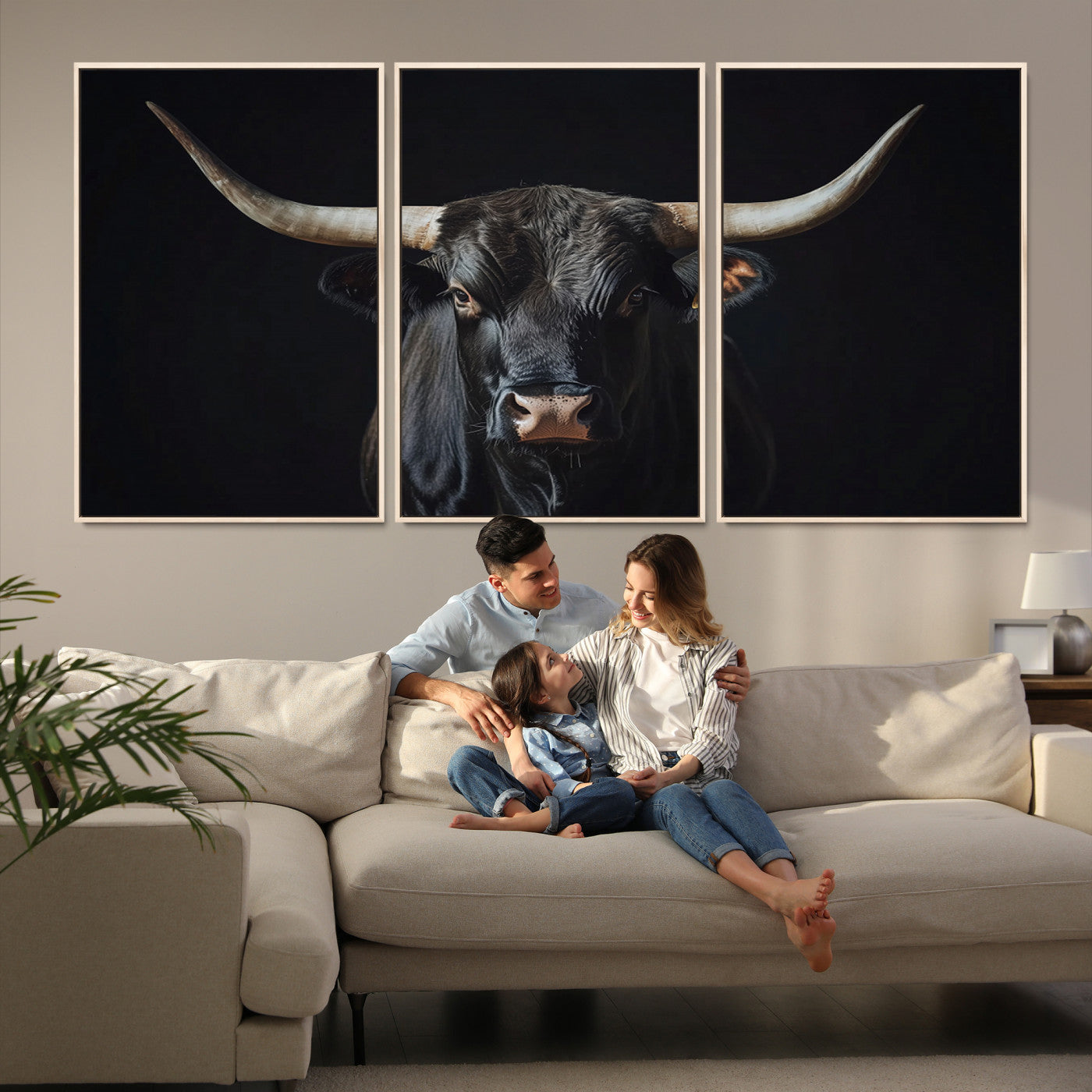 Canvas of a black longhorn bull against a dark background, featuring moody tones and western character for rustic or cowboy-inspired spaces.