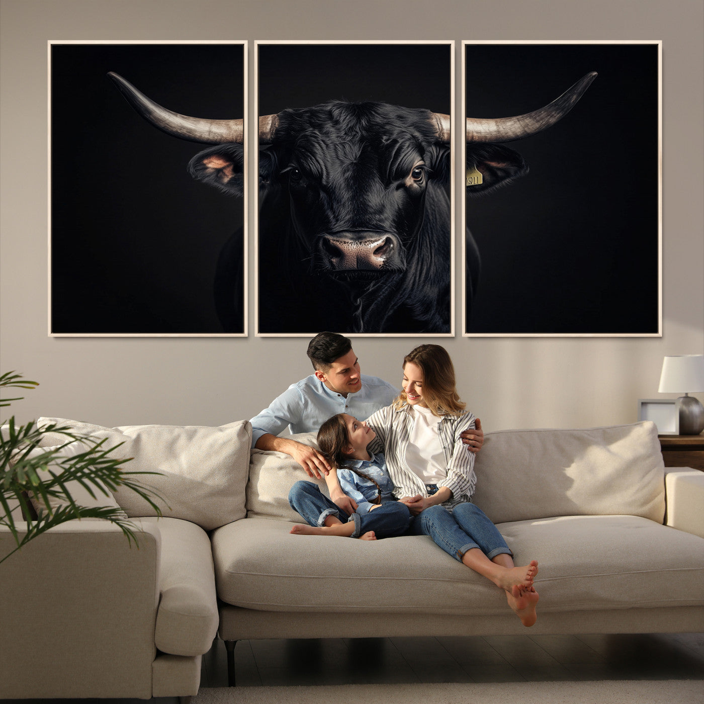 Canvas featuring a black horned bull in moody lighting on a dark background, perfect for western or rustic farmhouse-style home decor.