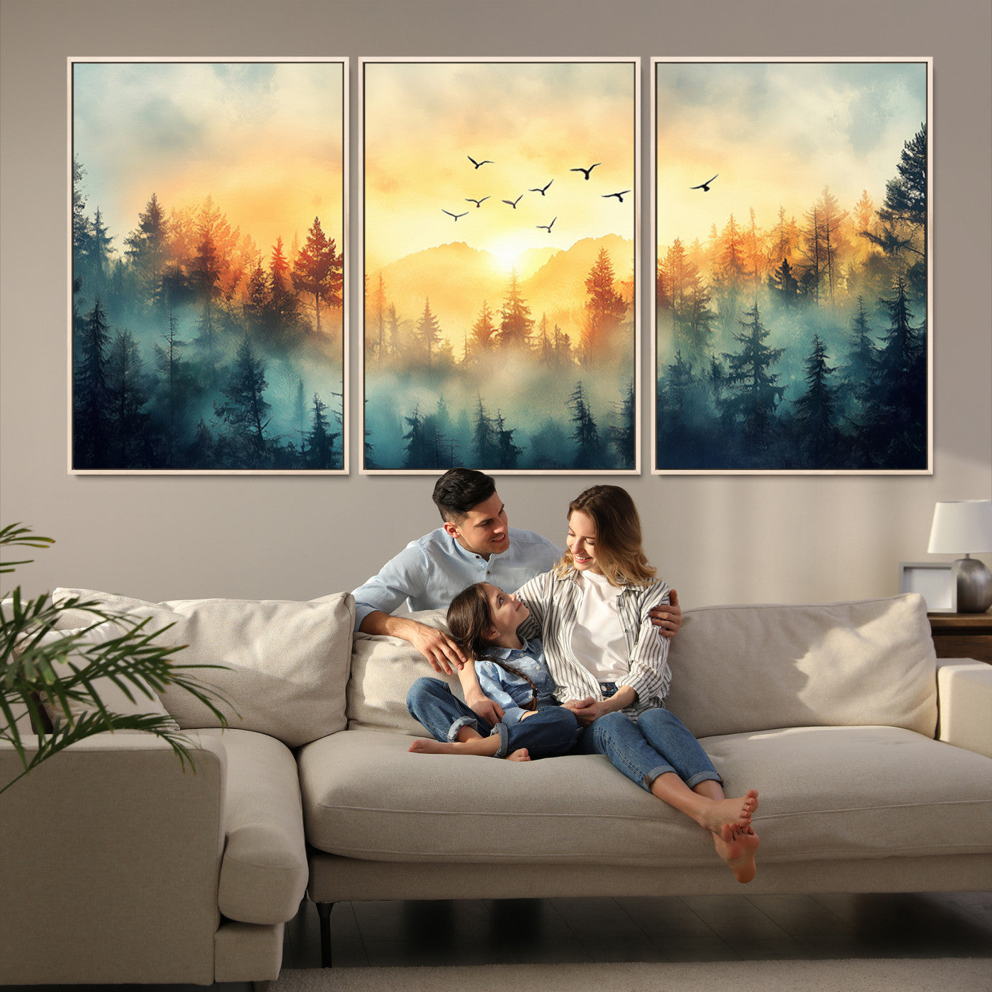 Canvas of a misty pine forest at sunrise with golden light and birds flying across the sky, perfect for tranquil nature-themed wall decor.
