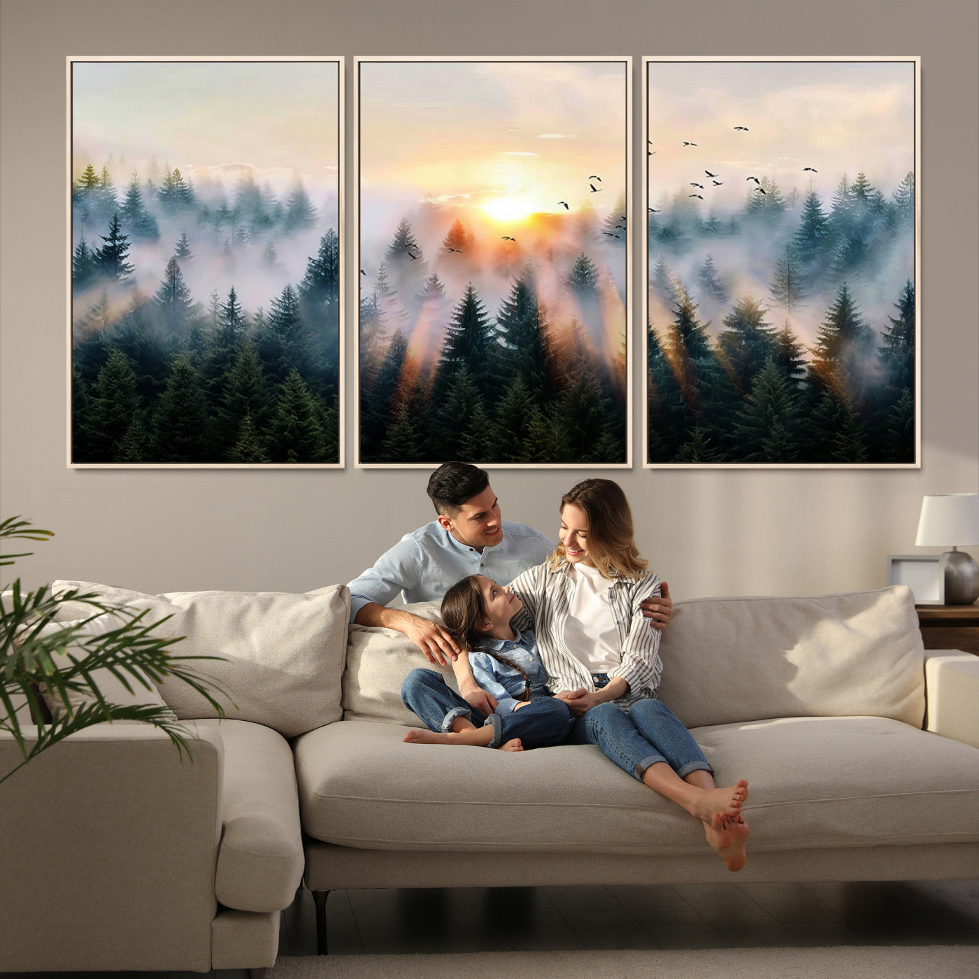 Canvas of a misty pine forest at sunrise with birds flying through golden morning rays, perfect for serene and moody woodland-style home decor.