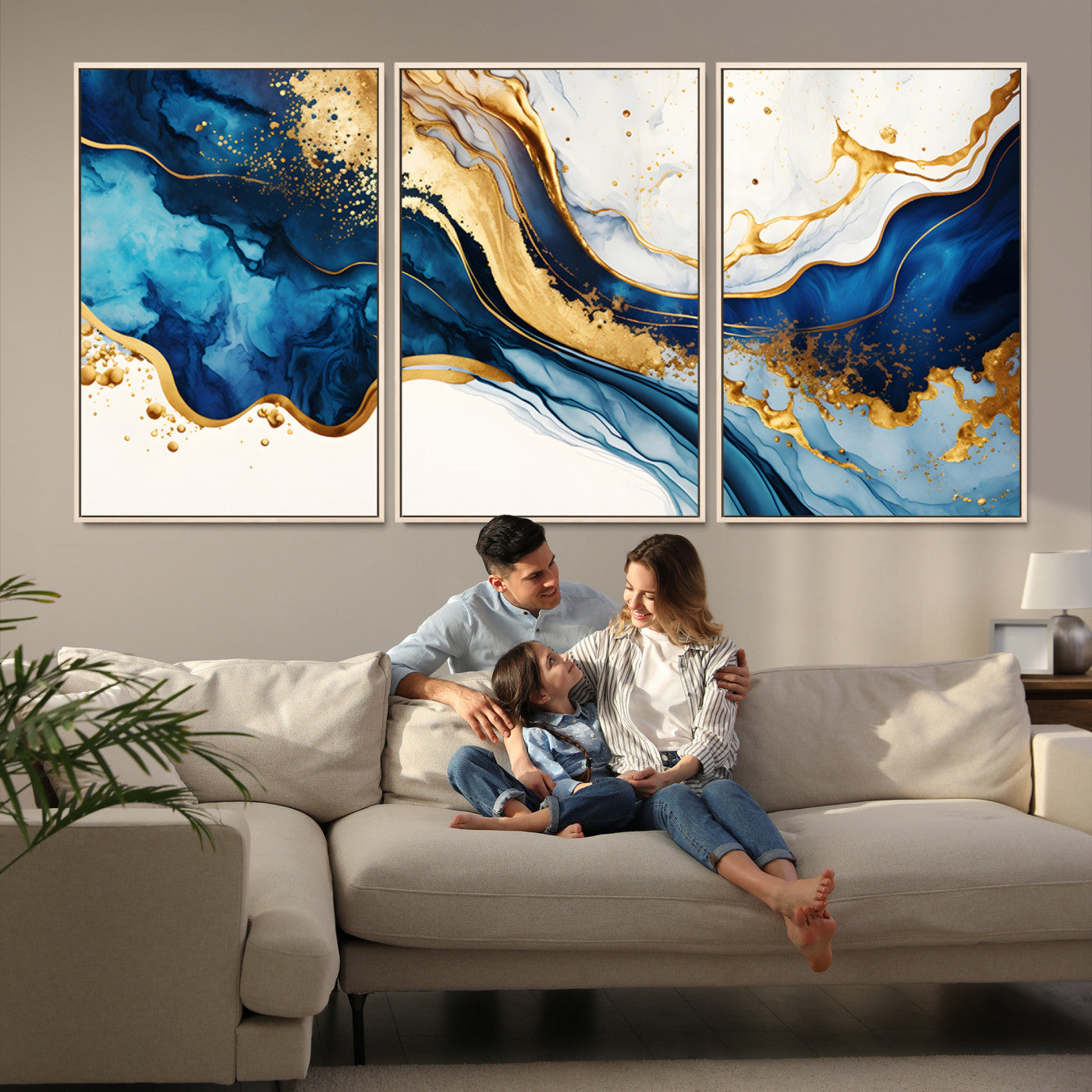 Canvas artwork with fluid blue and gold marbling, perfect for modern luxe or elegant abstract home decor styles.