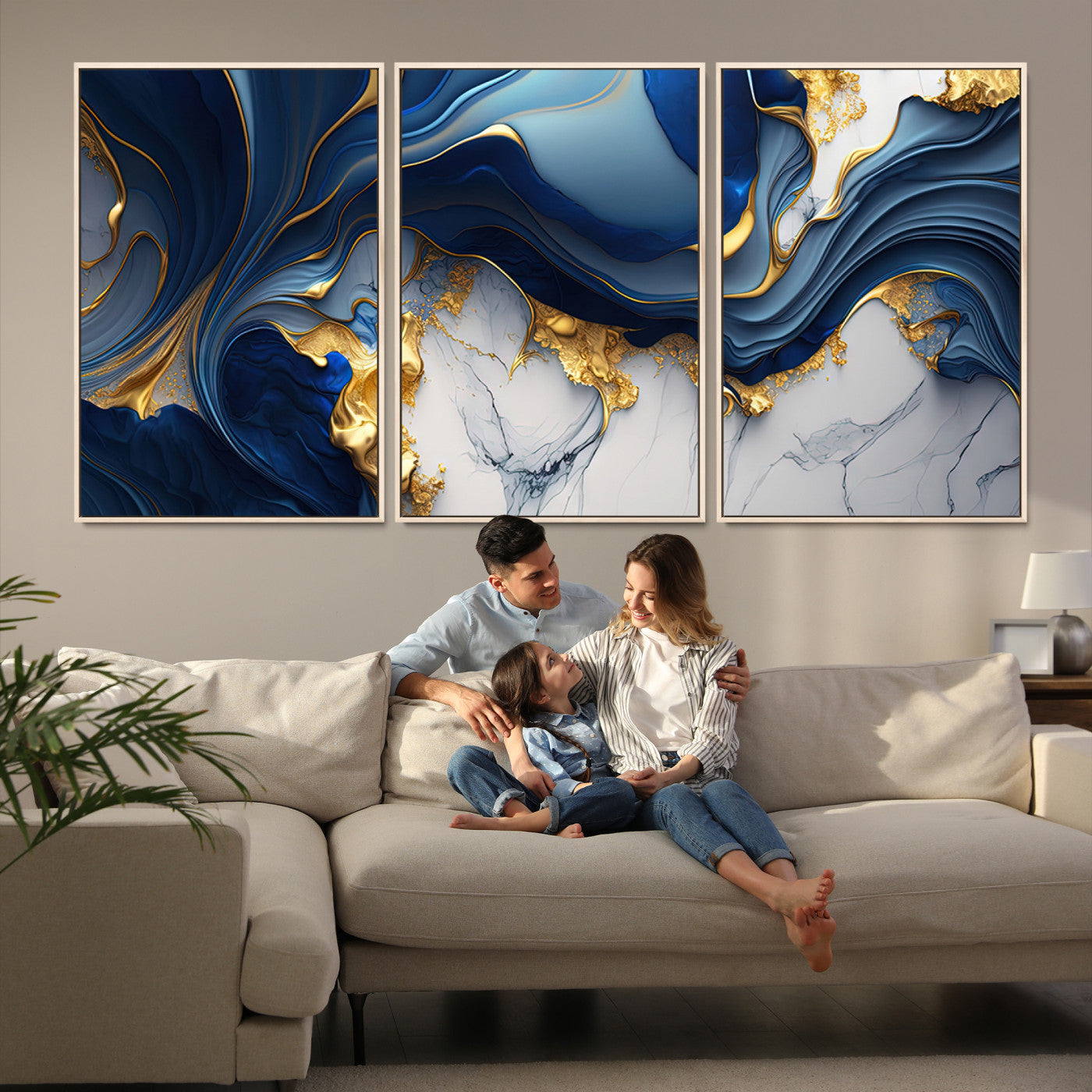 Canvas art with swirling blue marble and gold textures, ideal for elegant glam or modern luxury interior design settings.