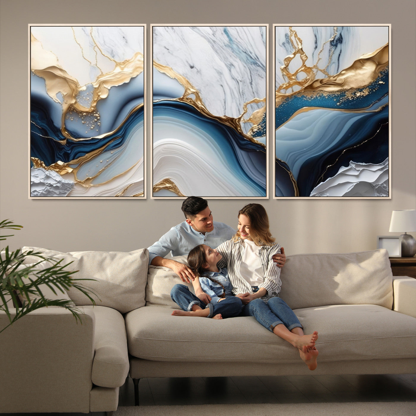 Abstract canvas with blue marble textures and flowing gold veins, ideal for modern luxury or coastal-inspired interior decor.