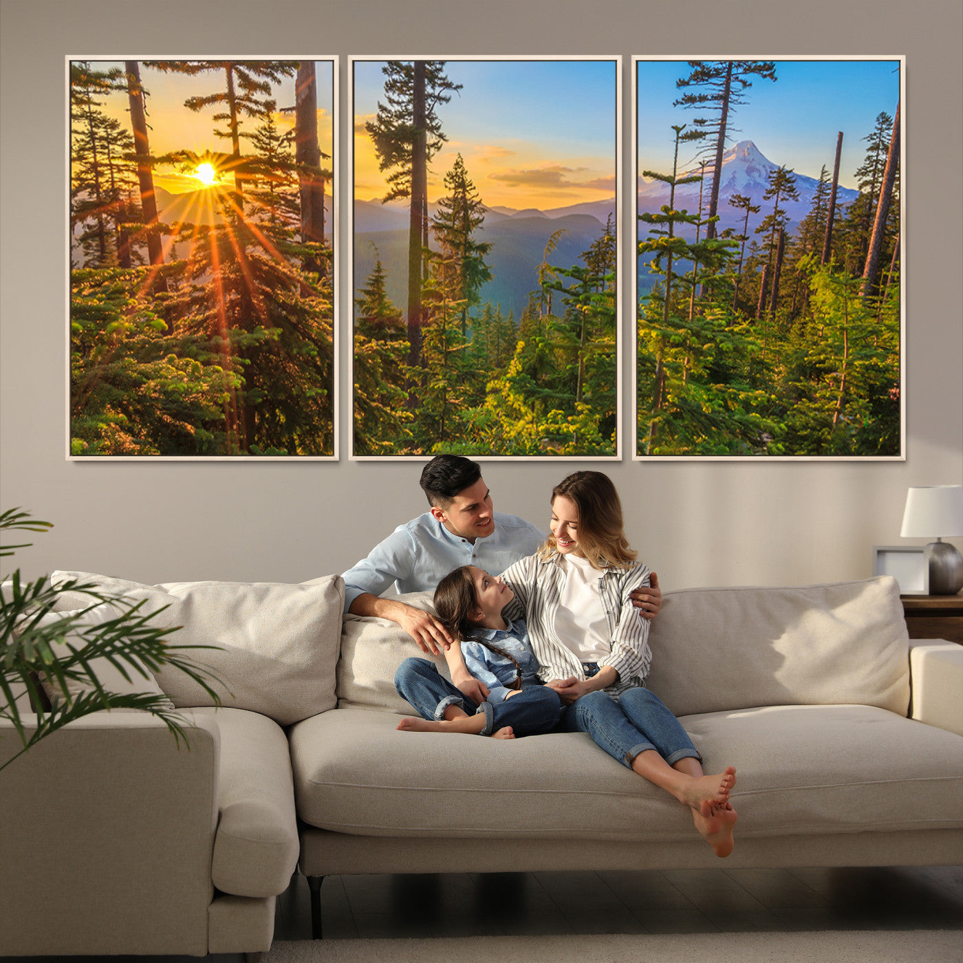 Colorful canvas of Mount Hood and Oregon forest at sunset, featuring sunburst light and lush pine trees for rustic nature decor.