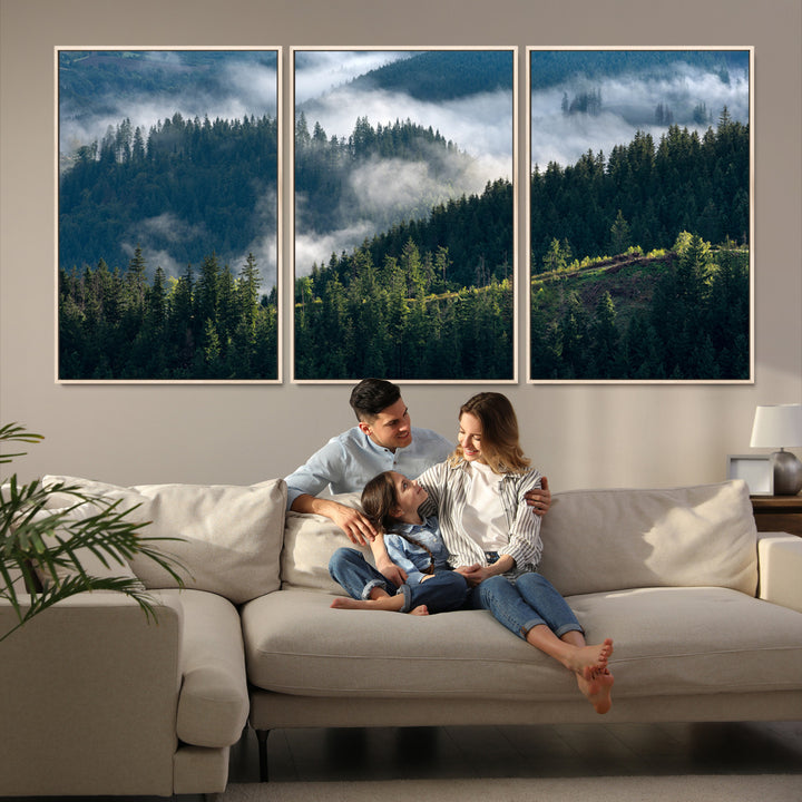 Moody canvas of misty pine forests over layered hills, perfect for cool-toned nature-inspired or woodland-style home decor.