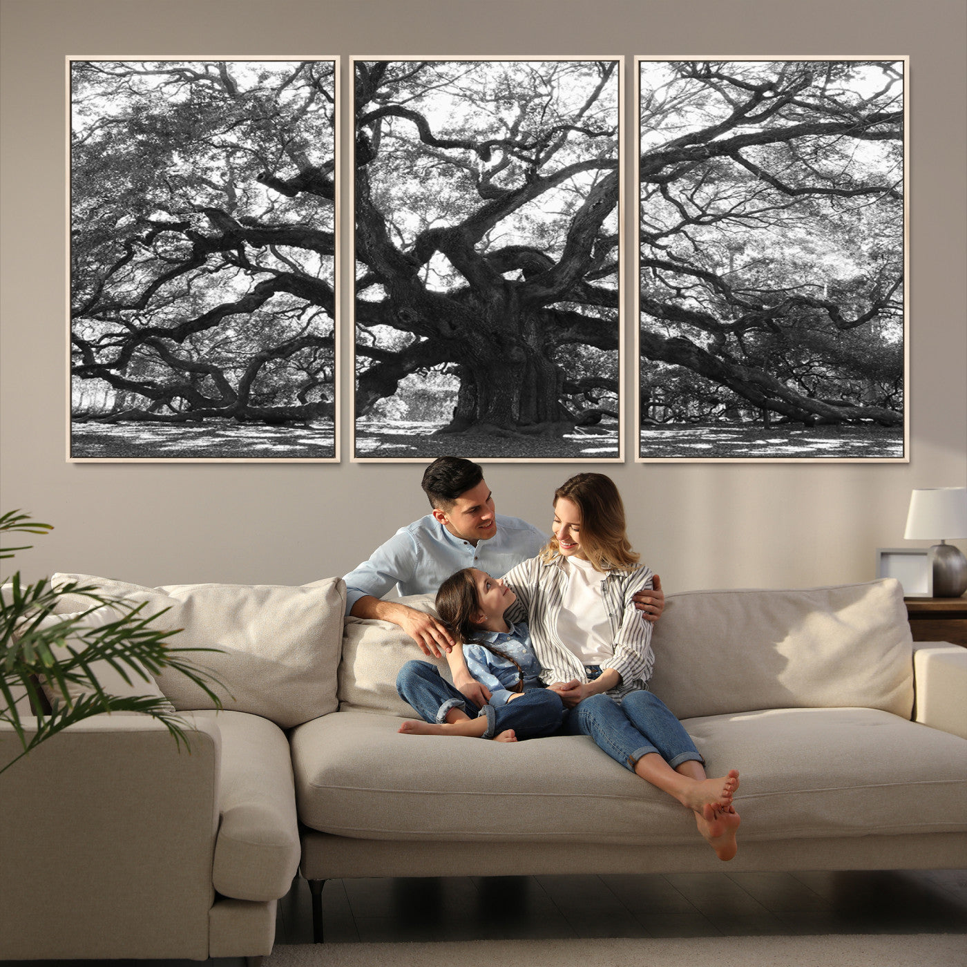 Black and white canvas of an ancient oak tree with sprawling, twisted branches, ideal for moody nature-inspired or rustic decor.