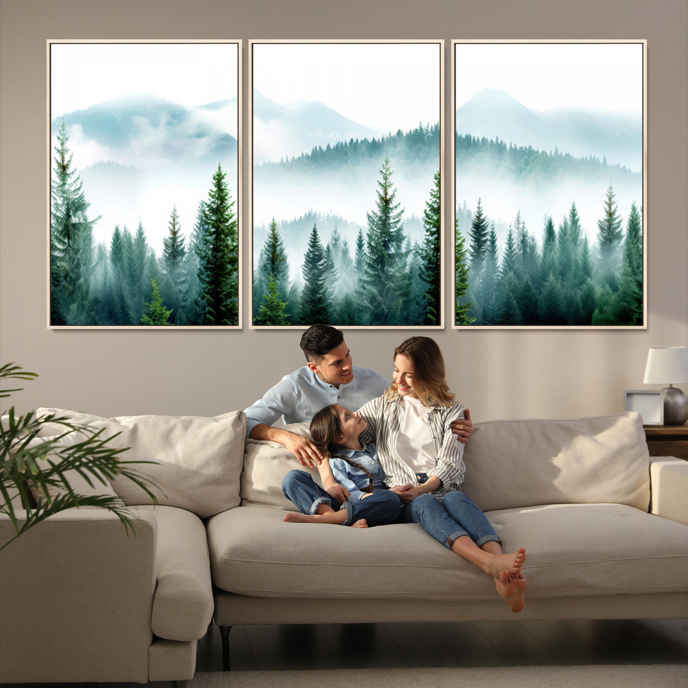 Canvas of pine forest and misty mountain layers in cool tones, perfect for moody forest or serene nature-inspired home decor.