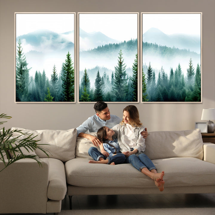16716676-MGV-FC-60X30-3P-Pine Forest Wall Art Canvas Print, Framed Misty Mountains Art Picture Print, Foggy Trees Perfect Moody Forest Decor Artwork