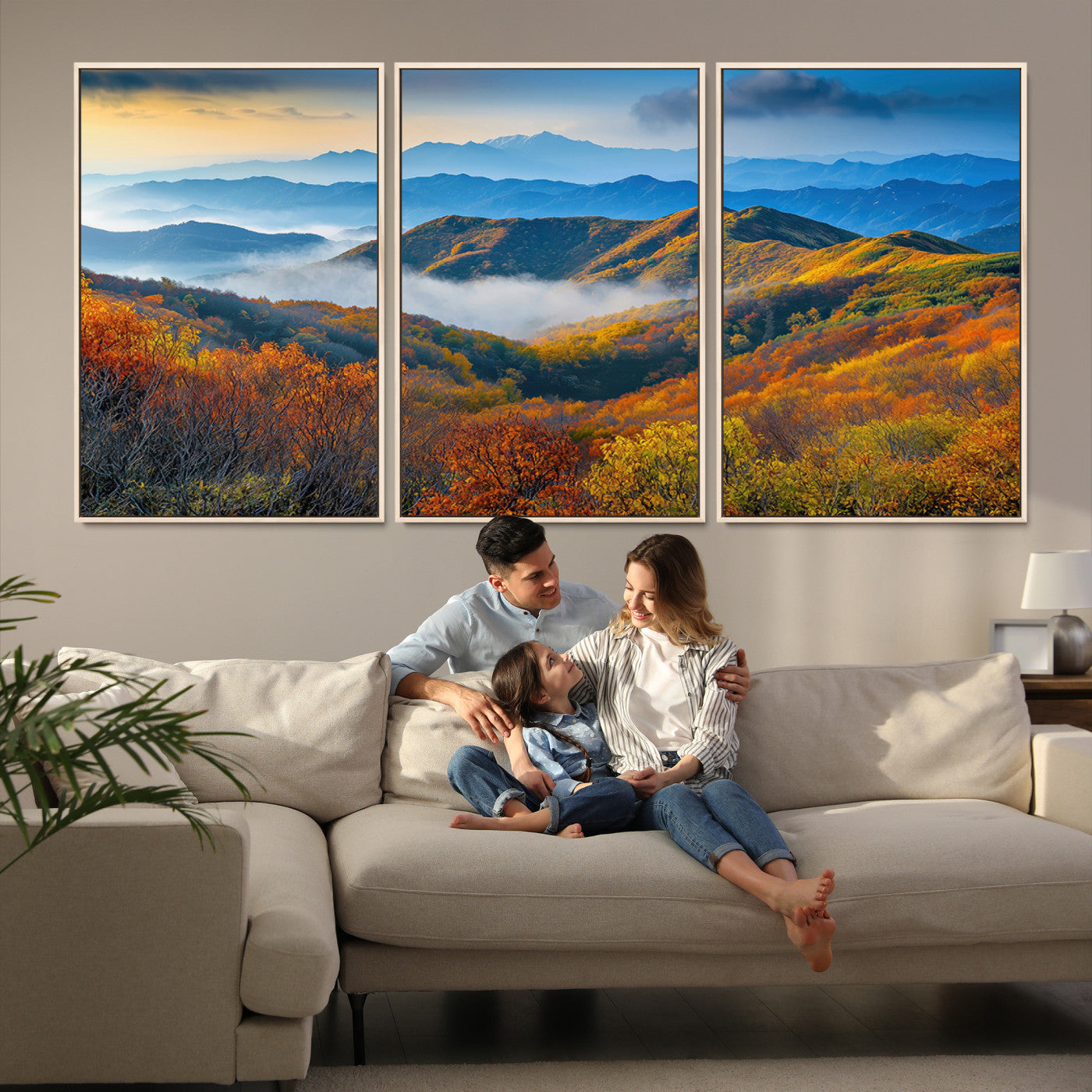 Vibrant canvas of autumn mountains with colorful trees, layered blue ridges, and soft morning fog, ideal for bright nature-themed decor.