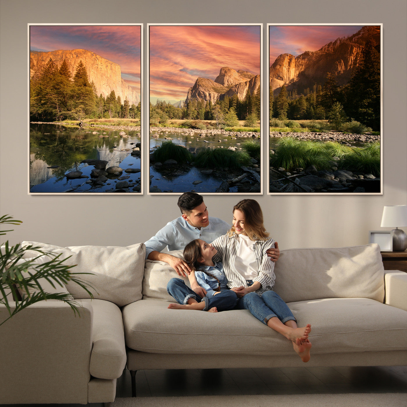 Canvas of Yosemite Valley with El Capitan and sunset sky, featuring vibrant tones ideal for rustic or nature-inspired home decor.