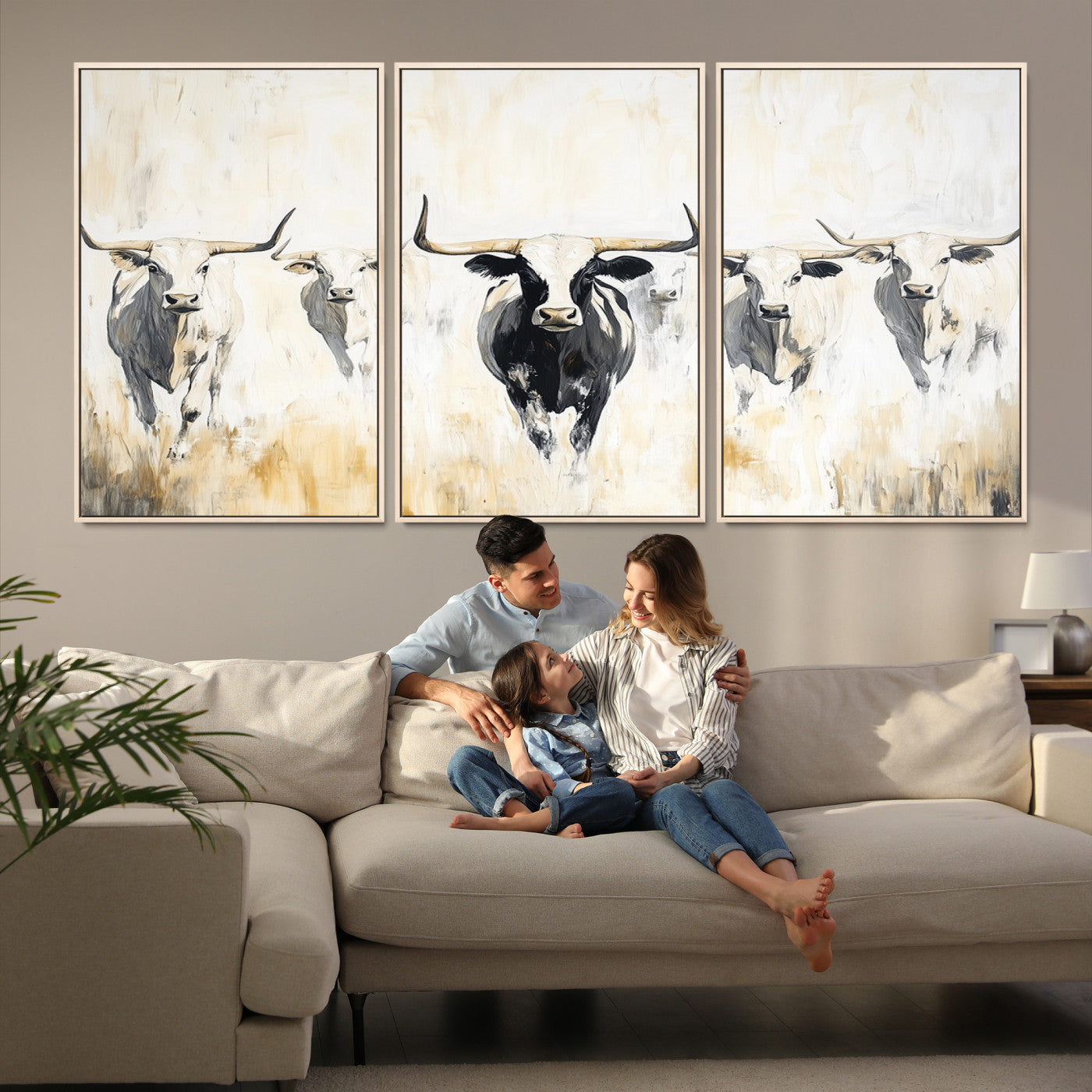 40397799-MGV-FC-60X30-3P-Texas Longhorn Canvas Print, Framed Rustic Herd Art Picture Print, Western Bull Perfect Neutral Western Decor