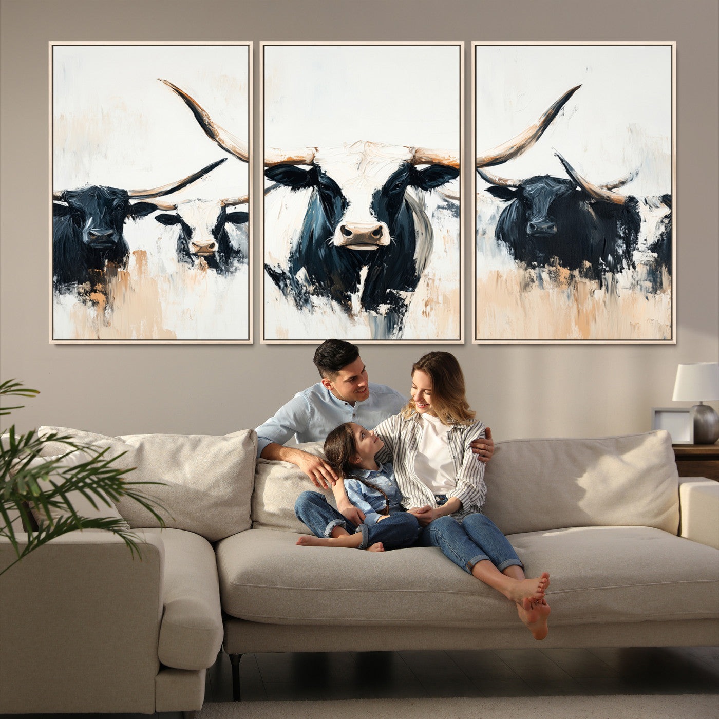 94780606-MGV-FC-60X30-3P-Texas Longhorn Wall Art Canvas Print, Framed Western Cattle Art Picture Print, Horned Bull Perfect Rustic Western Decor, Western Cattle