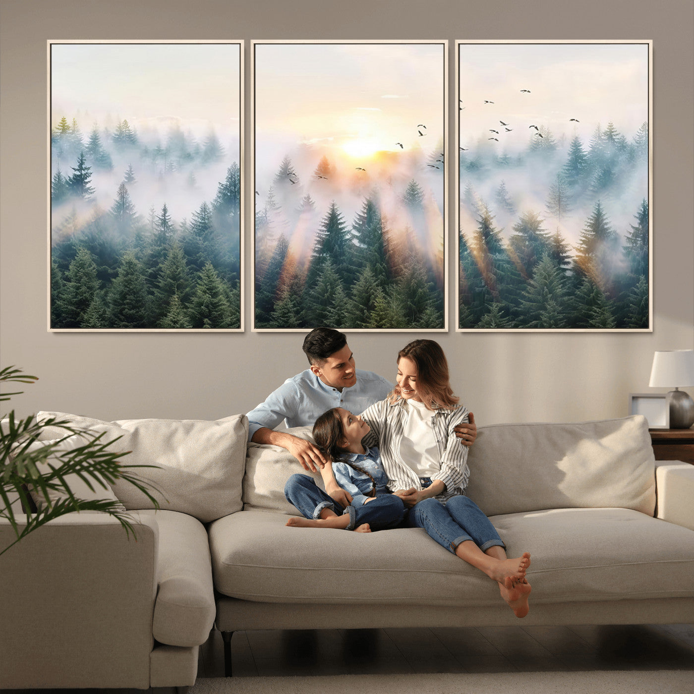 MGV-FC-60X30-3P - Misty Pine Forest Wall Art Canvas, Sunrise Over Foggy Trees Canvas for Home - Office, Framed